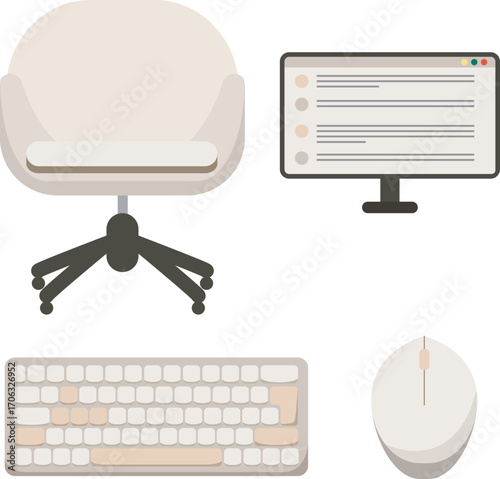 Office graphics: computer, chair, mouse, keyboard. White sleek modern design 