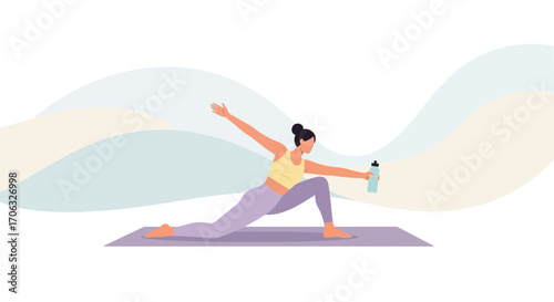 Woman Practicing Yoga In Peaceful Setting, Holding Water Bottle While Exercising Outdoors