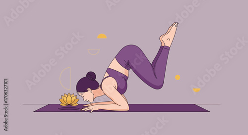 Woman Practicing Yoga Pose With A Lotus Flower On Vibrant Purple Yoga Mat