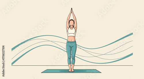 Woman Practicing Yoga Pose With Reaching Arms And Tranquil Atmosphere