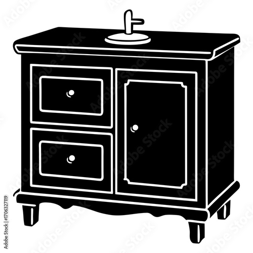 Vintage bathroom vanity cabinet with drawers and door silhouette isolated on white background