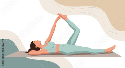 Woman Practicing Yoga Pose on Mat, Focused on Wellbeing, Harmony and Relaxation