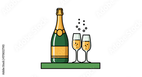 Illustration of a champagne bottle with two flutes and bubbles on a green surface