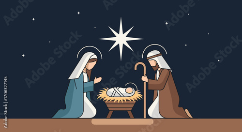 Illustration of the nativity scene with mary joseph and baby jesus in a manger