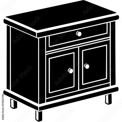 Classic wooden cabinet with a single drawer and double doors silhouette isolated on white background