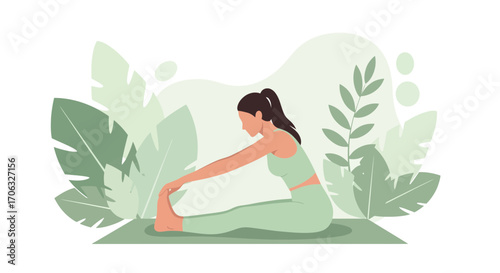 Woman Practicing Yoga Position with Green Leaves and Plants Background in Calm Environment