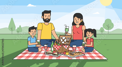Family enjoying a picnic with basket and food on a checkered blanket in a park