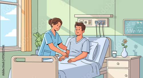 A nurse attending to a male patient lying in a hospital bed in a hospital room