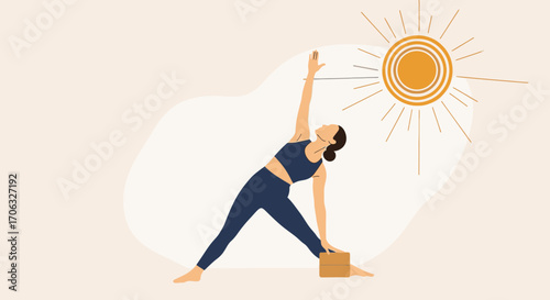 Woman Practicing Yoga Triangle Pose Near Shining Sun, Vector Illustration