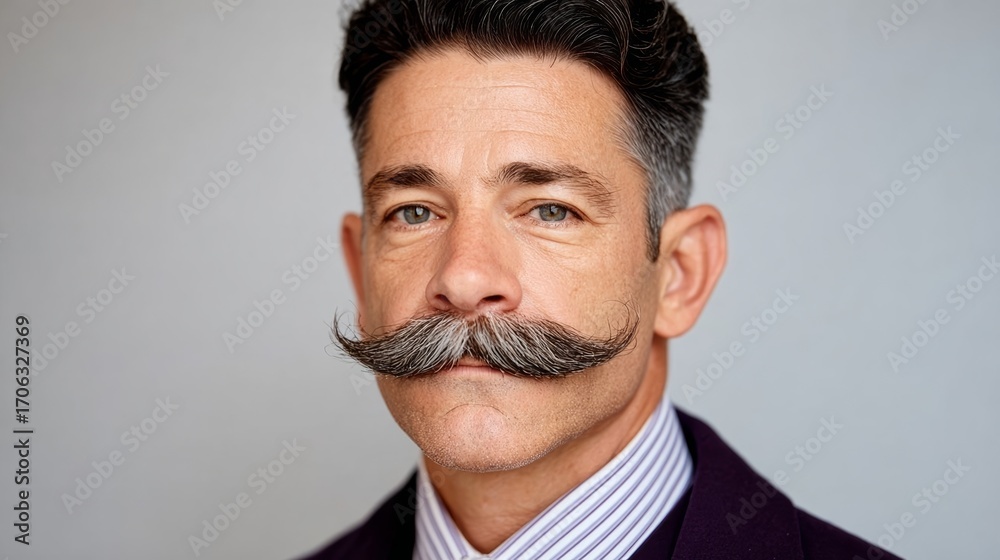 Obraz premium Man with a mustache is wearing a suit and tie. He has a serious expression on his face