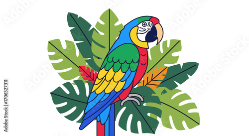 A colorful parrot sitting on a branch surrounded by tropical leaves design
