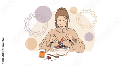 Woman Prepares Nutritious Breakfast with Fresh Berries, Bowl, and Juice for a Healthy Start