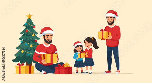 A christmas scene with two fathers and two daughters exchanging holiday gifts