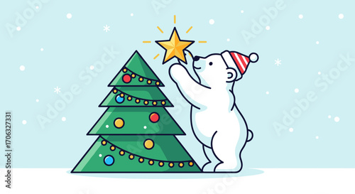 Polar bear placing a star on top of a christmas tree with ornaments and snow falling