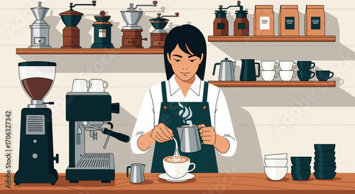 A barista pouring milk into a latte at a coffee shop with shelves of supplies