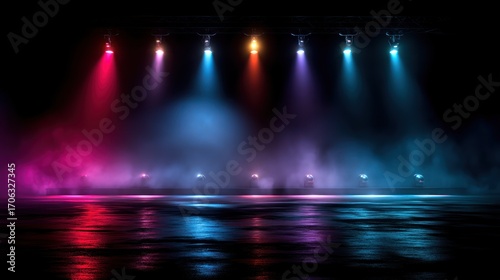 Mystic reflections: Vibrant stage lights illuminating a smoky dance floor in a dark ambience