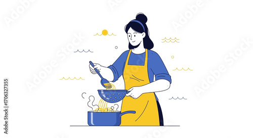 Woman Prepares Pasta: A Delightful Culinary Scene in Vibrant Illustration Style