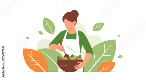 Woman Preparing a Healthy Salad In A Minimalist Illustration With Nature Elements