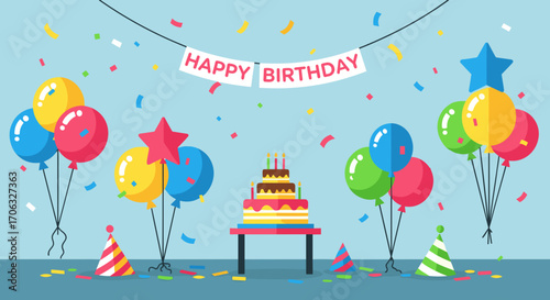 Illustration of a birthday party scene with cake balloons and confetti decor