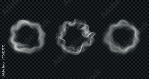 Vector realistic rings of smoke, round steam effect.