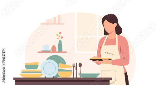 Woman Preparing And Holding Dishes In Domestic Kitchen With Pastel Color Harmony