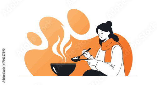Woman Preparing And Serving Hot Meal Illustration Suitable For Healthy Eating Concepts
