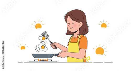 Woman Preparing Breakfast: Sunny-Side Up Eggs and a Morning Routine of Cooking Delights