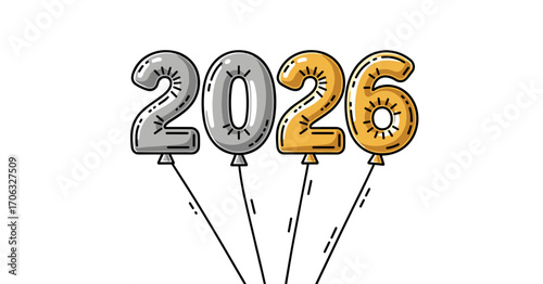 Illustration of four balloons shaped as the year two thousand and twenty six