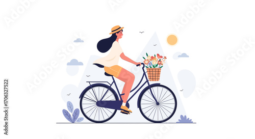Woman Cycling Happily and Enjoying a Sunny Day with Her Basket of Flowers