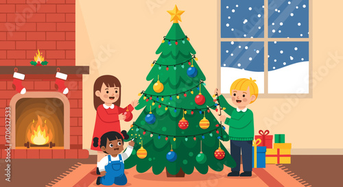 Children decorating christmas tree with ornaments and lights in cozy living room