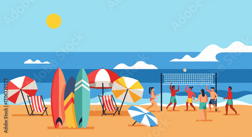 Illustration of a beach scene with volleyball players and beach accessories