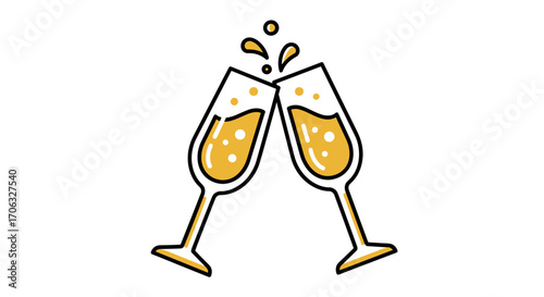 Illustration of two champagne glasses toasting with bubbles and liquid splashing