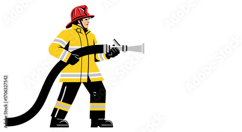 Illustration of a firefighter in uniform holding a fire hose and nozzle ready