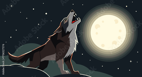 Illustration of a wolf howling at a bright full moon on a starry night sky