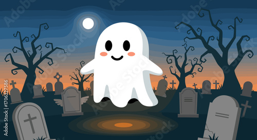 A cartoon ghost floats above a graveyard with trees and a moon in the background