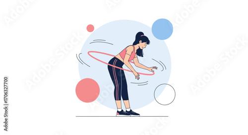 Woman Doing Exercise With Hula Hoop, Gymnastics, Sports Activities Concept Illustration