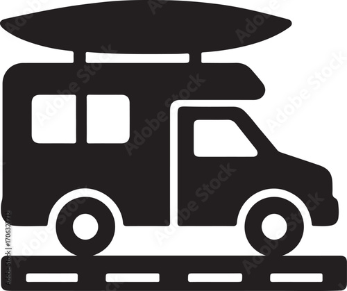 Camper Van Silhouette with Kayak on Roof Outdoor Travel Vector Illustration for Vanlife Camping