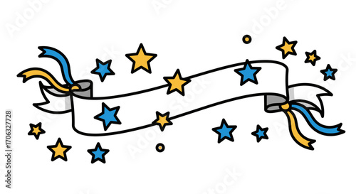 Cartoon ribbon banner with yellow and blue stars scattered around it design