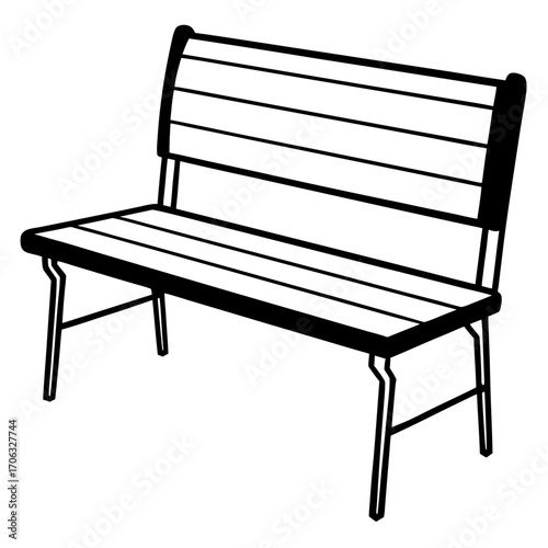 A simple black and white line art silhouette of a park bench isolated on white background