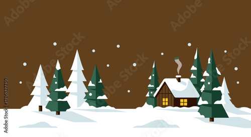 Illustration of a cabin in a snowy winter landscape with falling snowflakes