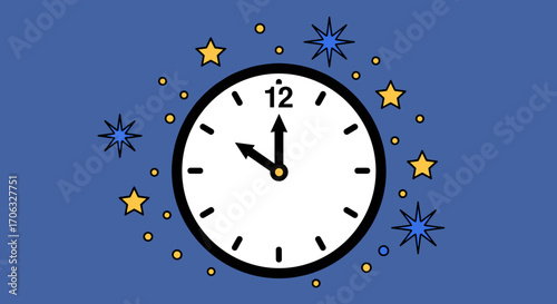 Illustration of a clock showing eleven o'clock surrounded by stars and dots