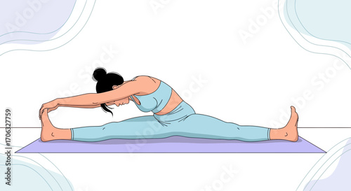 Woman Doing Passive Split Stretch On A Yoga Mat For Flexibility And Wellness