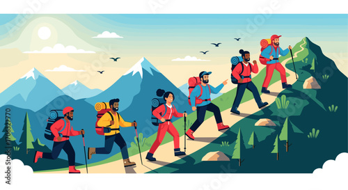 A group of hikers are climbing a mountain with backpacks and hiking poles outdoors