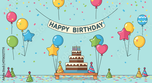 A birthday celebration scene with cake balloons and happy birthday banner displayed