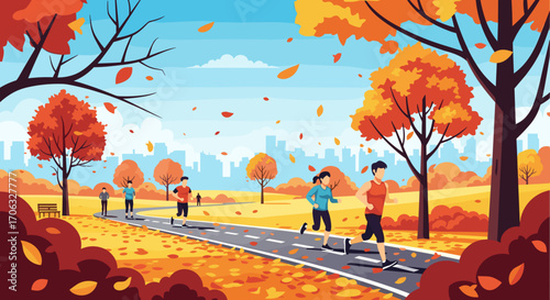 People jogging in a park during autumn with falling leaves and city skyline view