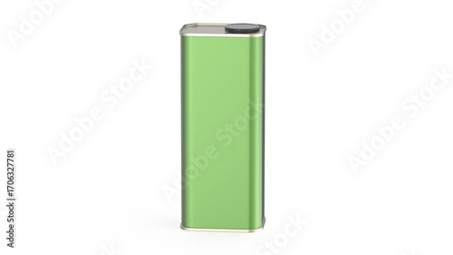 Green blank square tin can for olive oil, motor oil or other liquids on white background