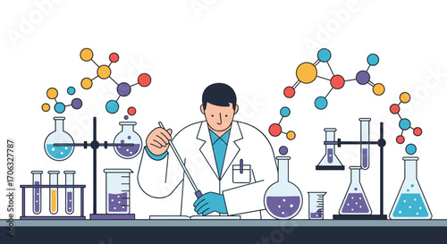 Scientist in lab coat conducting experiment with beakers and test tubes around him