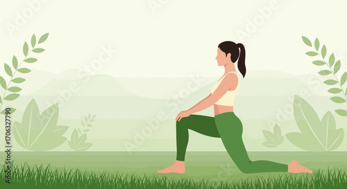 Woman Doing Yoga For Wellbeing With Elegant Botanical Decorations And Pastel Tones