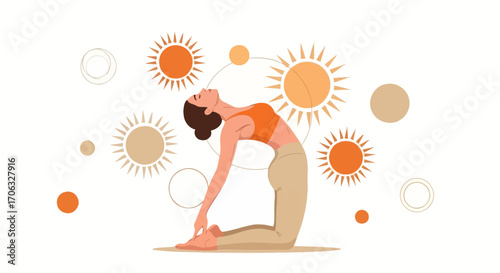 Woman Doing Yoga, With Decorative Sun Shapes, Illustration for Meditation Practice