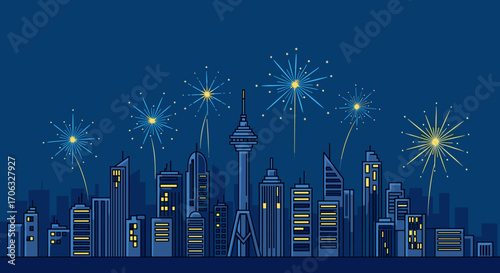 City skyline with fireworks display illuminating the night sky above buildings
